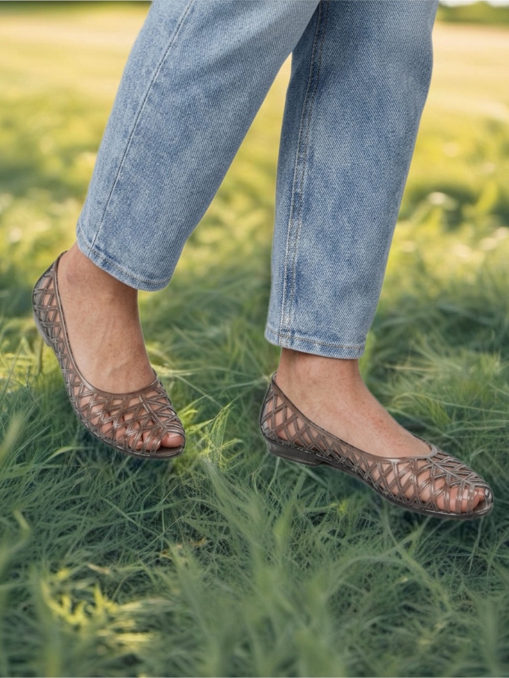 Women's Woven Open-Toe Ballet Flats in Smoke Gray